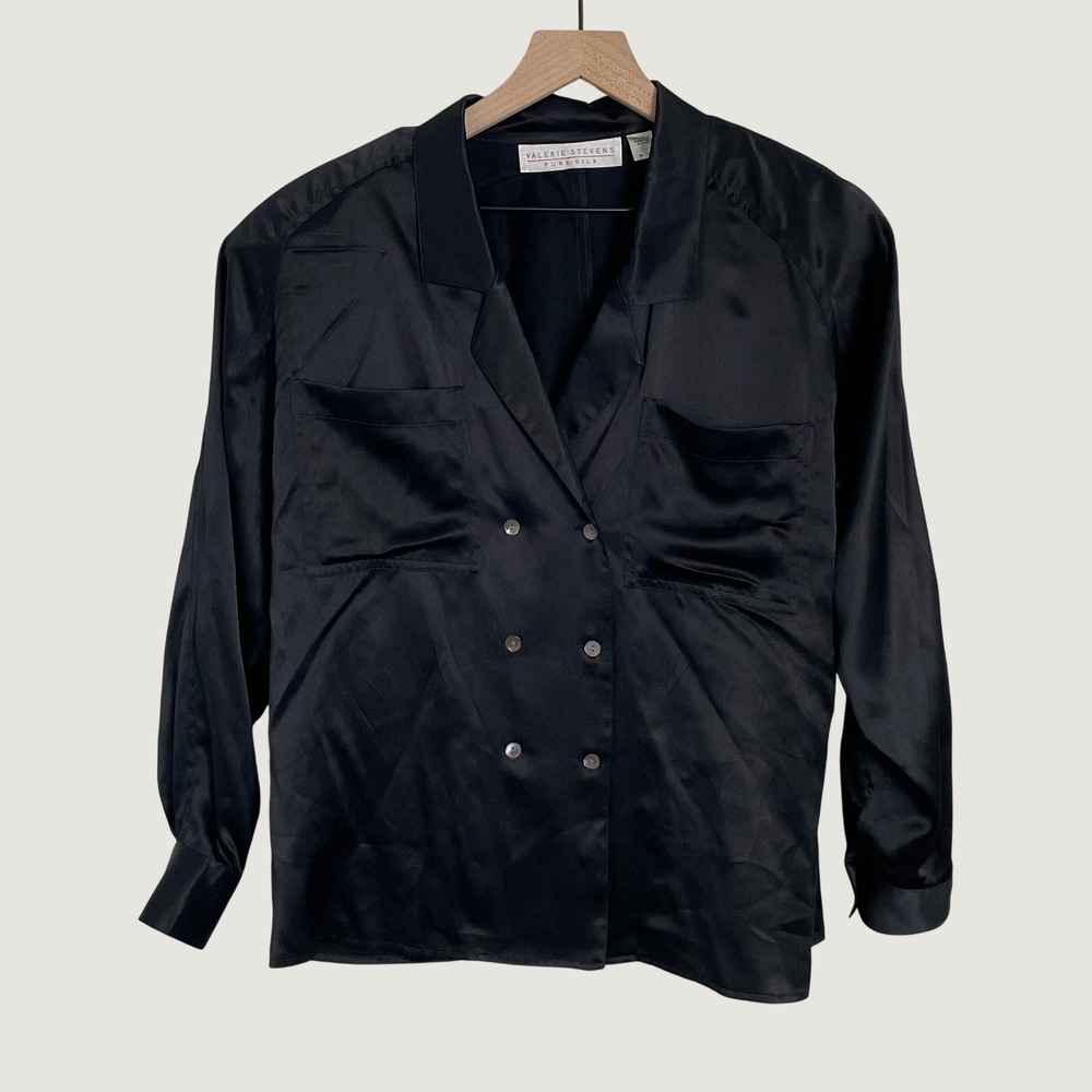 Vintage Silk Blouse Women 10 Black Double Breasted Pocket Quiet Luxury Old Money